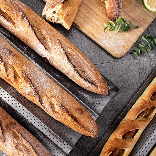 KITESSENSU Baguette Pans 3 Loaf Baguettes Tray 15″ x 13″ Silver